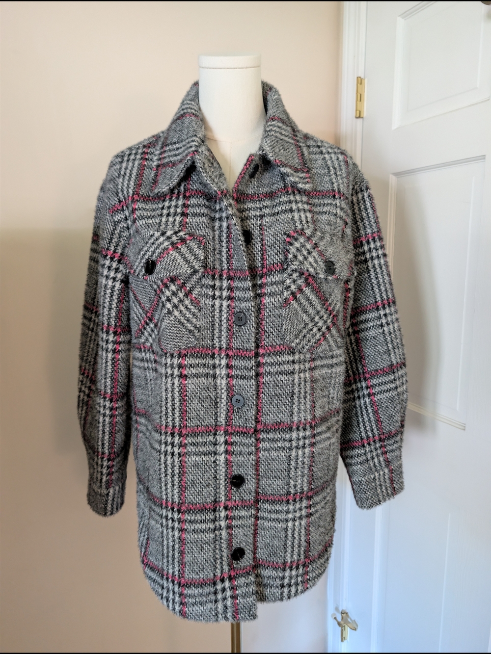 Greylin Anthropologie Grey Pink Plaid Eyelash Knit Shacket Shirt Jacket XS